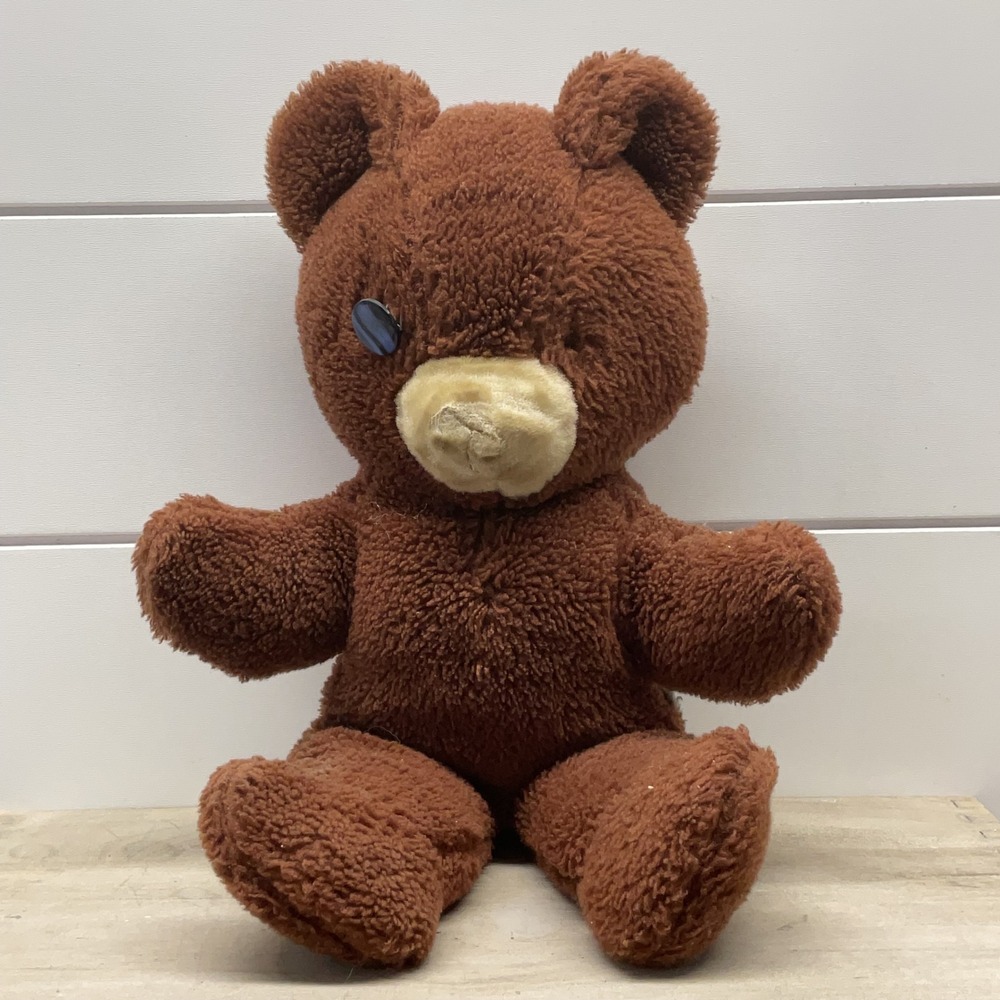 Vintage Style Brown Plush Teddy Bear One Button Eye Distressed 9.5 Inch